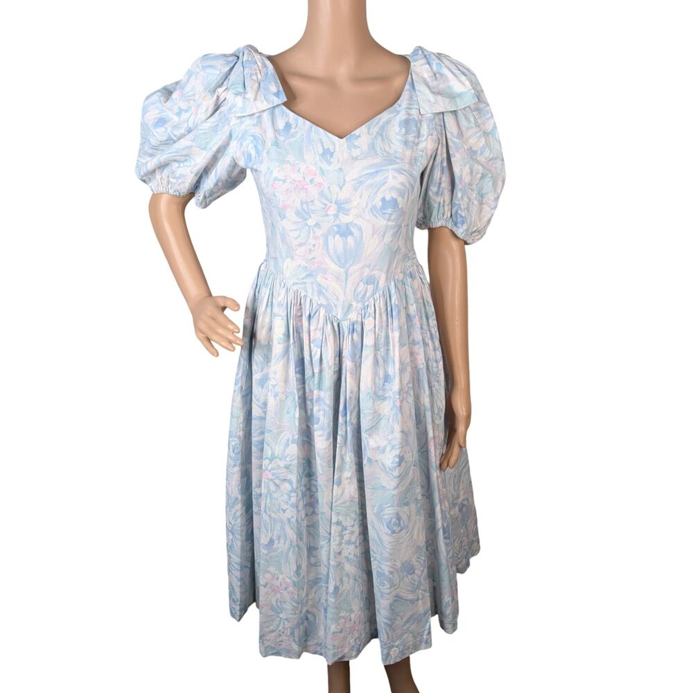 Vintage 80s Pastel Floral Party Dress Short Puff Sleeve Bow Full Skirt SZ S